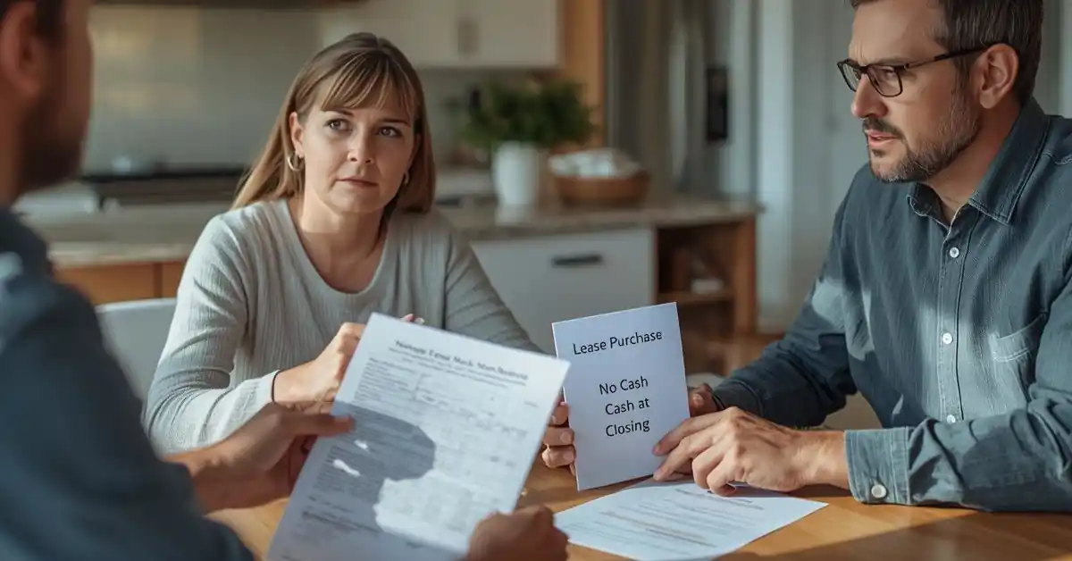 Knoxville homeowner reviewing an underwater mortgage statement with a local home buyer discussing lease purchase options