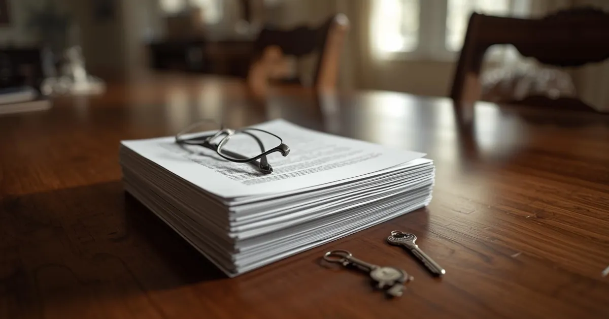 Inherited house paperwork on a Knoxville table with probate documents, taxes, and house keys.