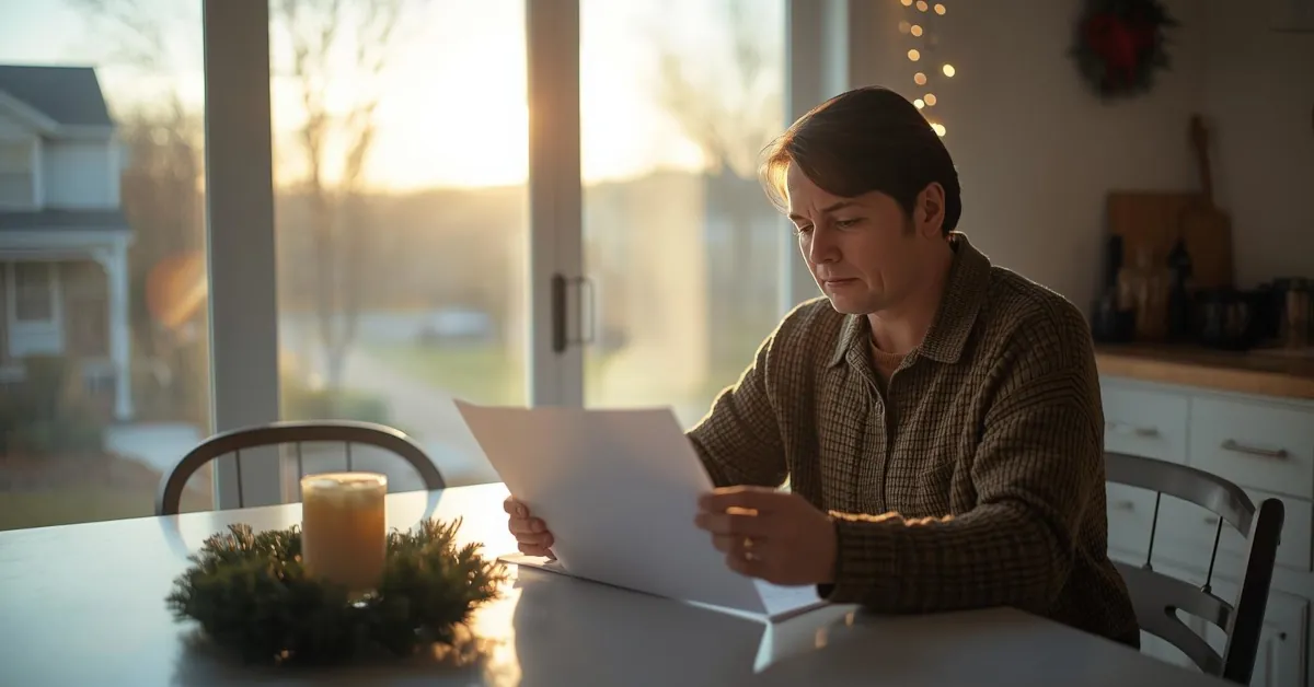 Knoxville homeowner reviewing pre-foreclosure papers at a bright kitchen table with warm morning light and subtle holiday décor.